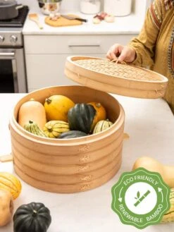 Stackable Bamboo Harvest Storage Basket With Lid